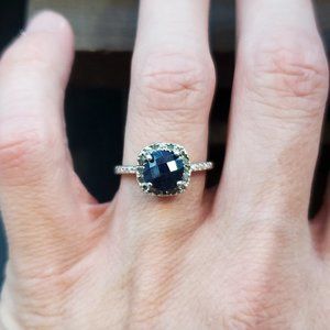 Size 7 Sterling Silver Faceted Square Sapphire With Cloudy Diamonds Ring